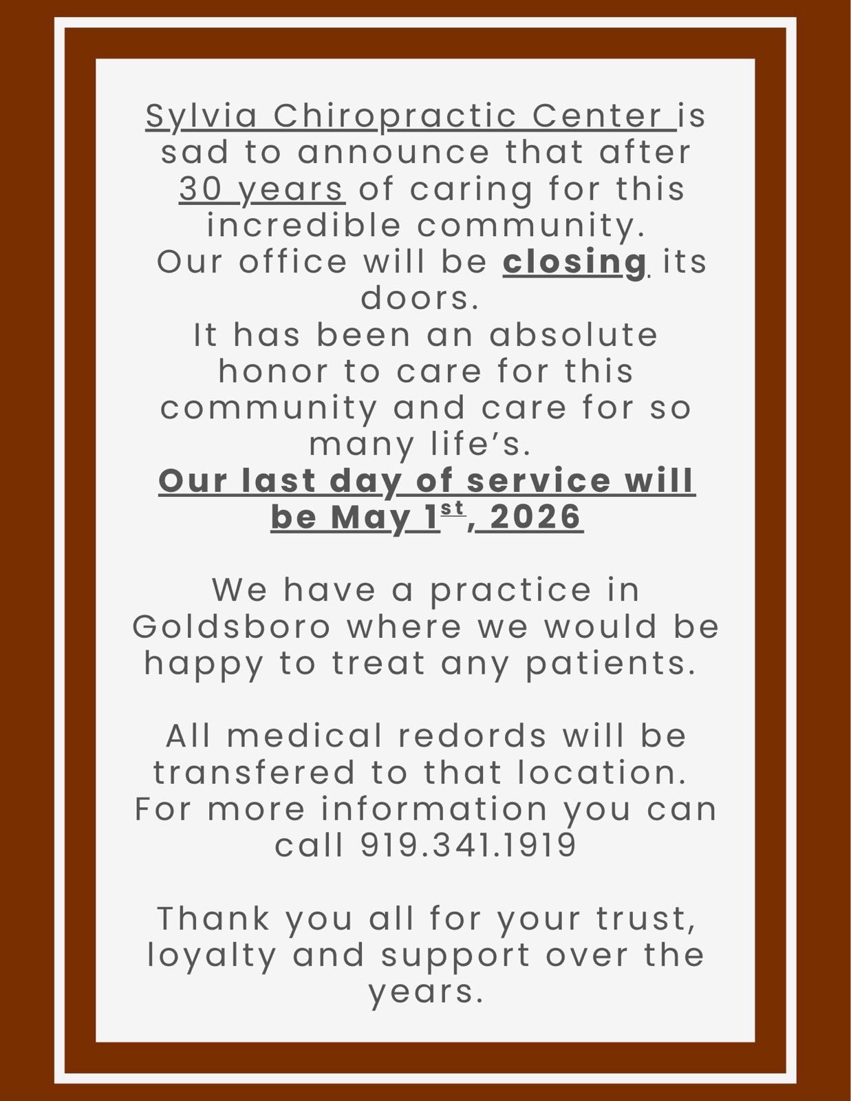 Sylvia Chiropractic Center is closing...